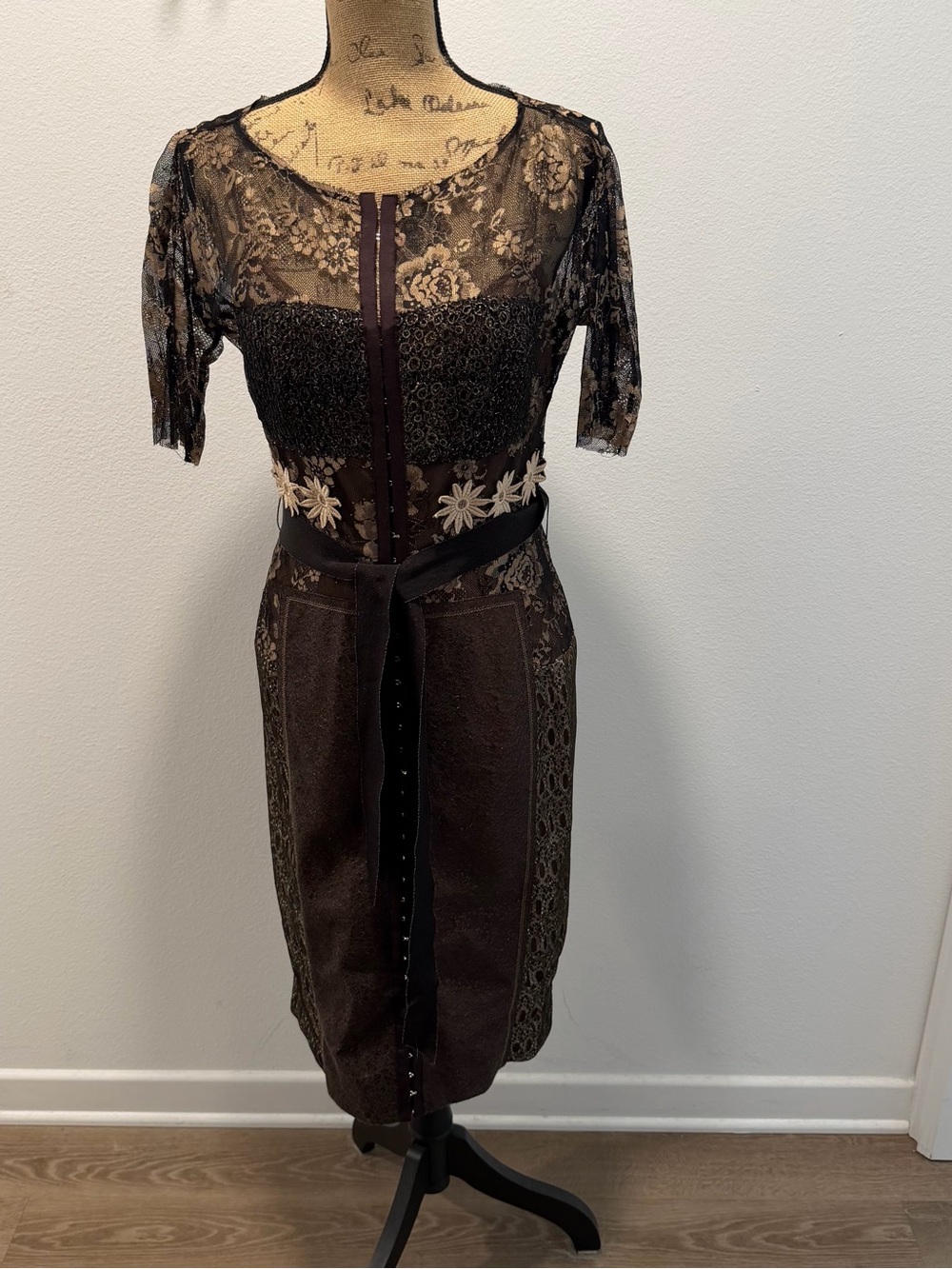 Anthropologie Byron Lars Beguile 8 Lace-Detail Brown Midi Dress with Floral Trim